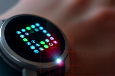 Close-up of smartwatch sensor technology interacting with skin.